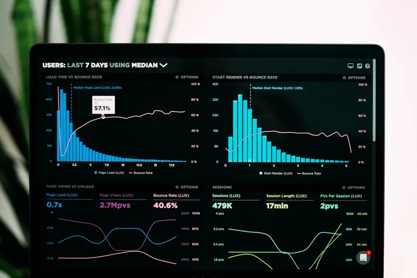 Business analytics dashboard on a laptop screen showing performance graphs and reports